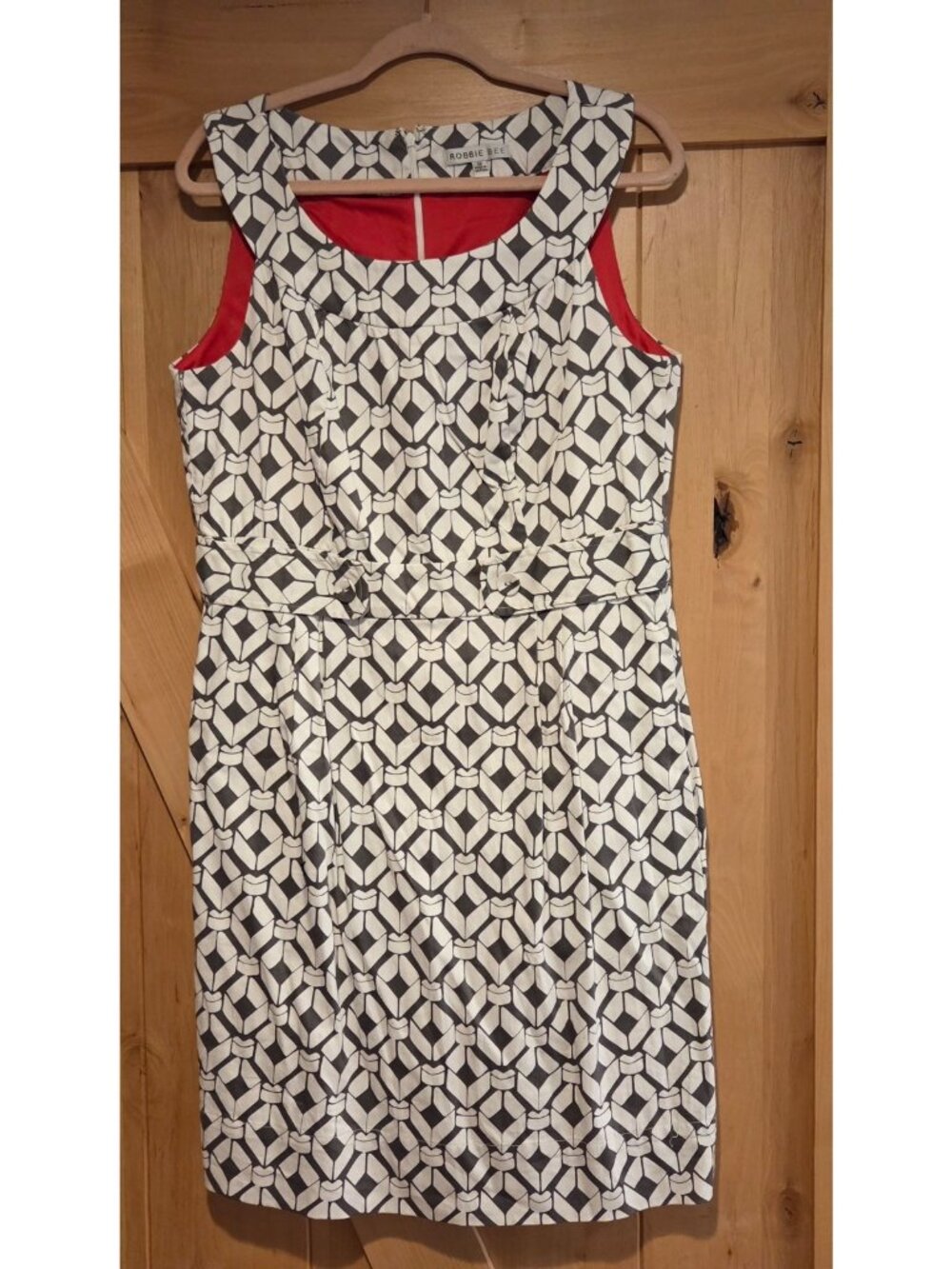 Robbie Bee Women's Size 12 Grey White Sleeveless Shift Dress Pockets Geometric